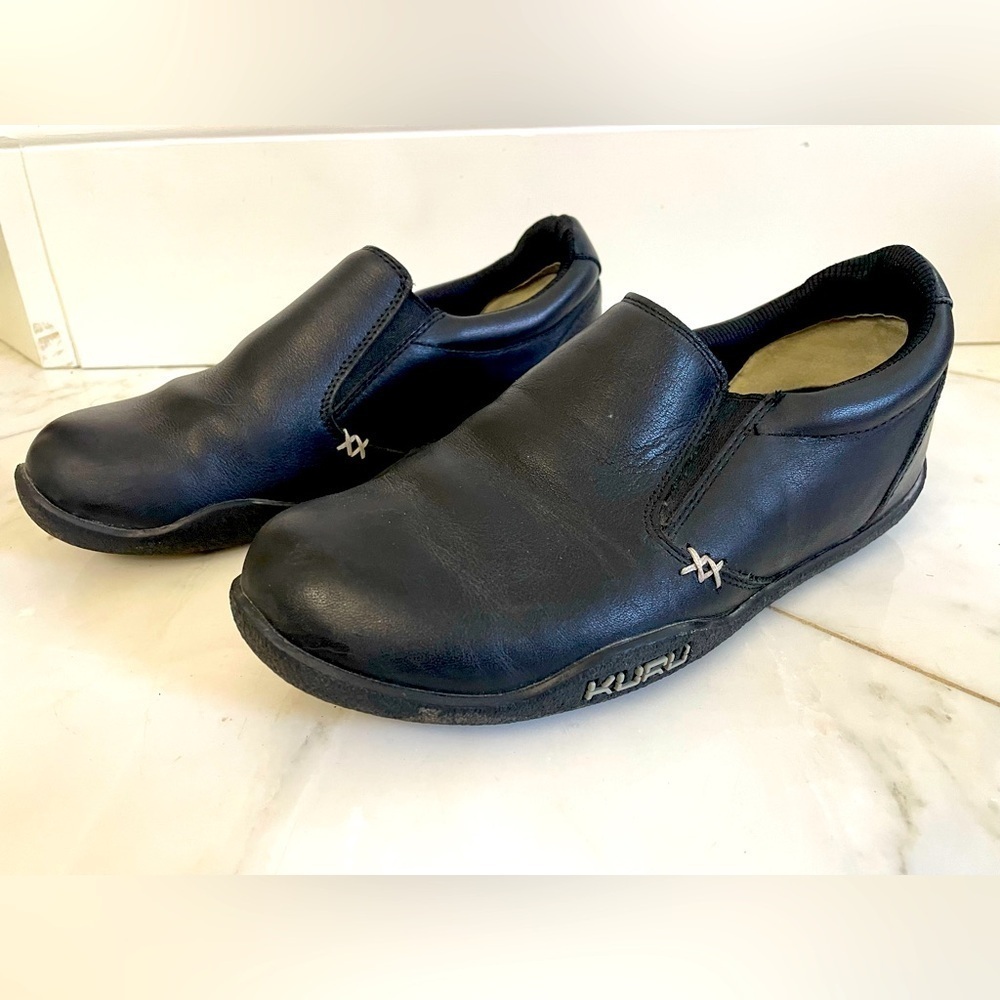 Kuru, 8.5, Kivi, men’s black leather slip on comfort flat walking shoe